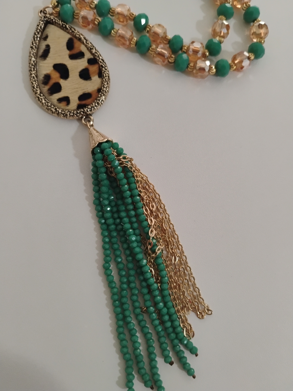 Emma Green Beaded Tassel Pendant Necklace with Leopard Hair On Hide Accent - NWT